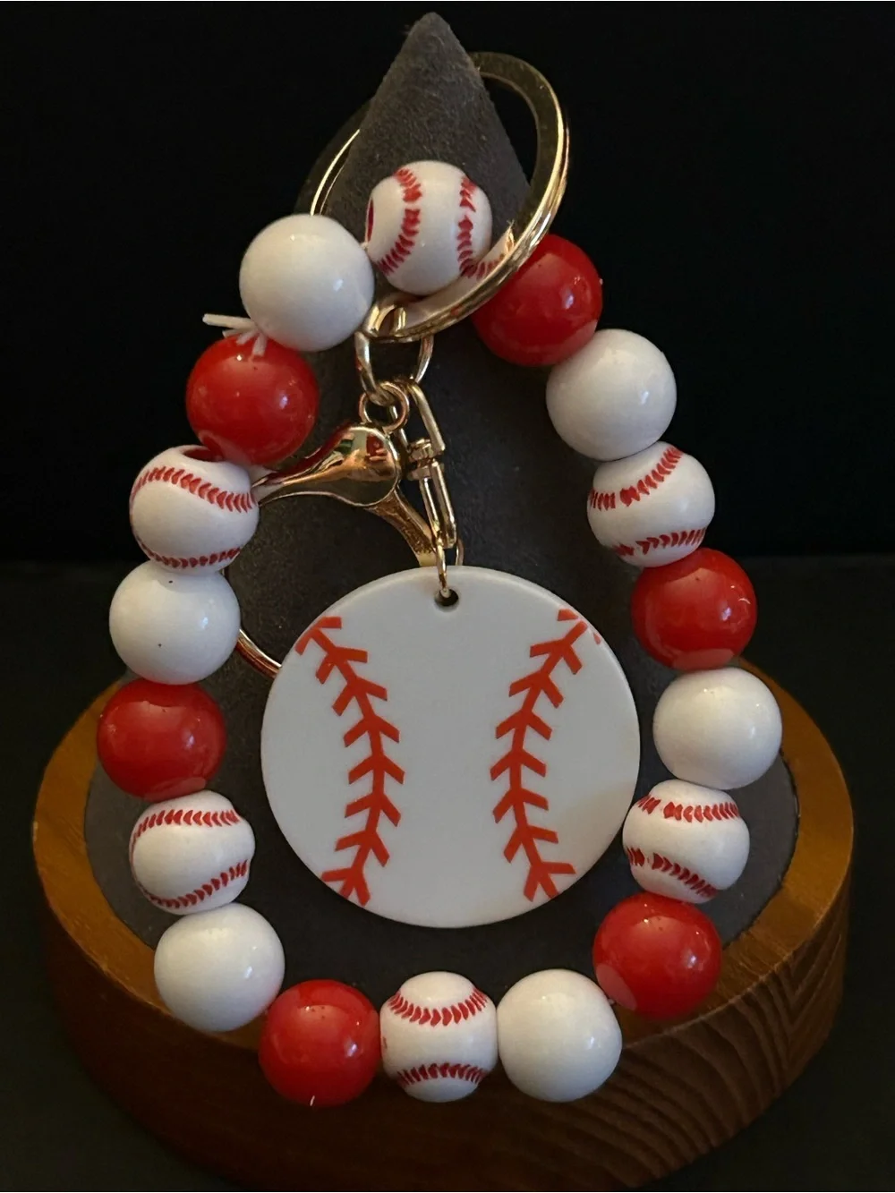 Red and White Baseball ⚾️ Beaded Wrist Keyring Bag Charm Keychain w/Gold Clasps